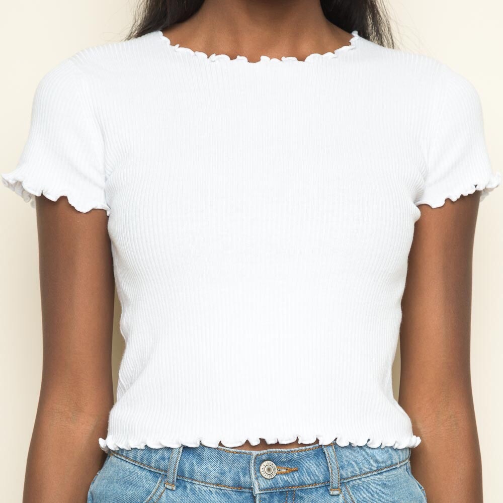Brandy Melville White Ribbed Ruffle Shirt